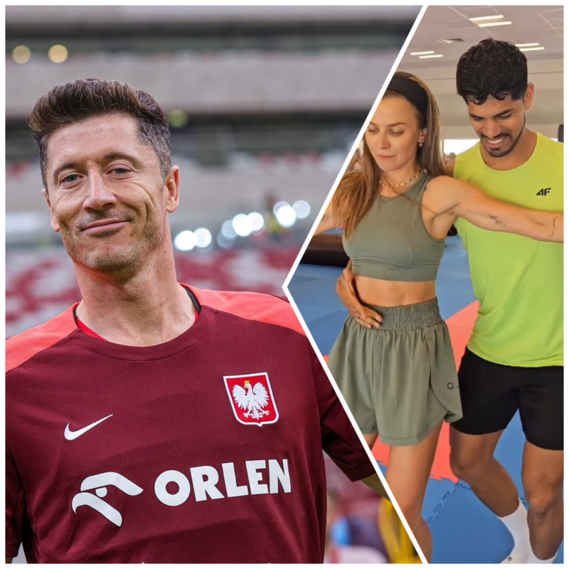 Kolaż zdjęć. Po lewej stronie uśmiechnięty Robert Lewandowski, po prawej Anna Lewandowska podczas kontrowersyjnego tańca bachata.