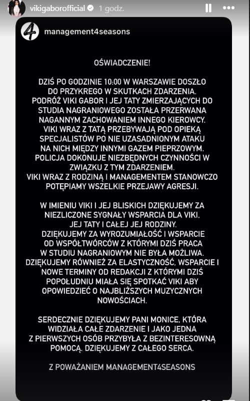 Zrzut ekranu z instagrama Vicky Gabor. Informuje o przebiegu ataku na piosenkarkę
