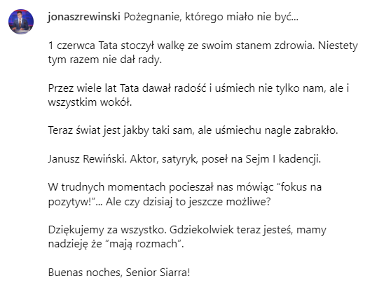Zrzut z ekranu: Jonasz Rewiński dzieli się wiadomością o śmierci ojca