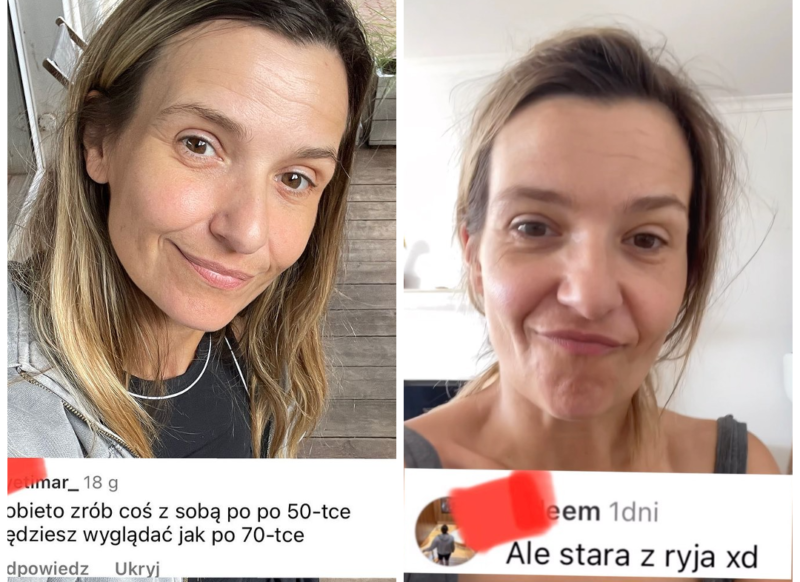 Joanna Koroniewska pozuje na plaży. Na zdjęcie wklejono nieprzychylny komentarz o jej wyglądzie.