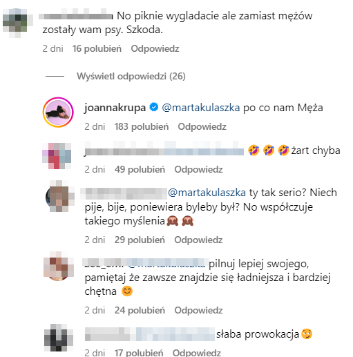 Zrzut ekranu z komentarzami z konta Instagramowego Joanny Krupy